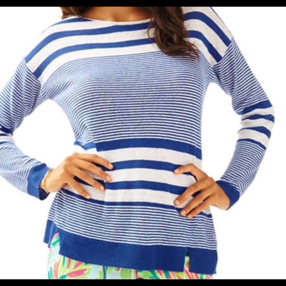 LILLY PULITZER blue & white linen sweater, size XXS All season weight